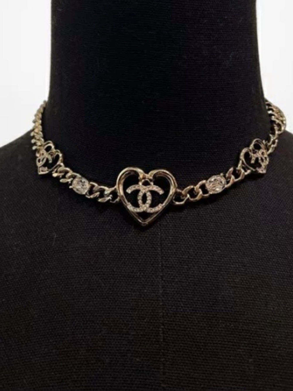 Double C Gold - Tone Chain Choker HEART ❤️ Necklace with Crystal Logos